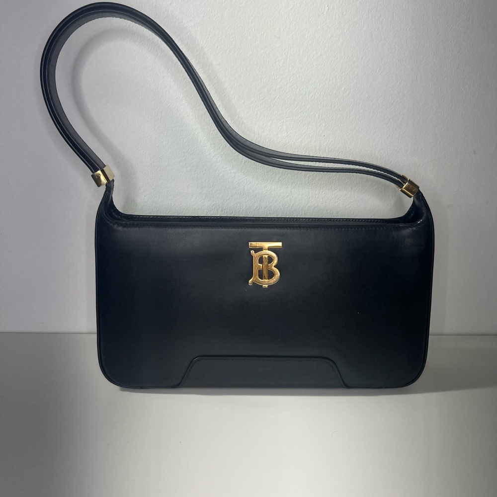 Burberry Black Leather TB Monogram Shoulder Bag Purse - Picture 7 of 14
